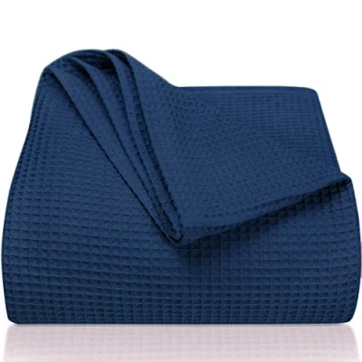 Afbeelding van LAYNENBURG Sprei 180 x 220 cm Wafelpiqué 100% Katoen Licht zomerdeken Katoenen deken voor bed, bank Luchtige sofa (blauw)