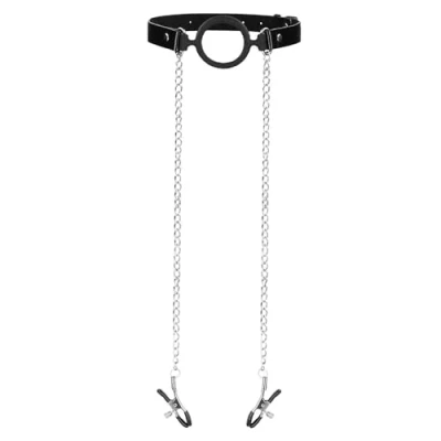 Afbeelding van Shots Ouch! O Ring Gag met Tepelklemmen Zwart