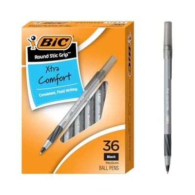 Afbeelding van BIC Round Stic Grip balpen met medium punt, 36 count, zwart
