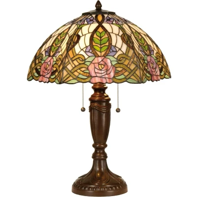 Afbeelding van LumiLamp Tiffany Tafellamp Ø 47x61 cm Groen Roze Glas Halfrond Roos Bureaulamp