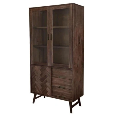 Afbeelding van Vitrinekast Visgraat Design 100x45x195cm Acacia Hout Donkerbruin Ashton Collectie