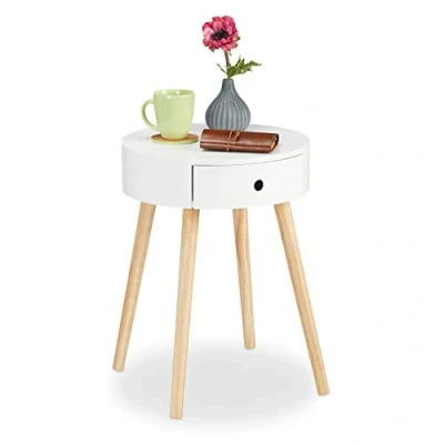 Afbeelding van relaxdays bijzettafel wit rond met lade salontafel nachtkastje Scandinavisch design