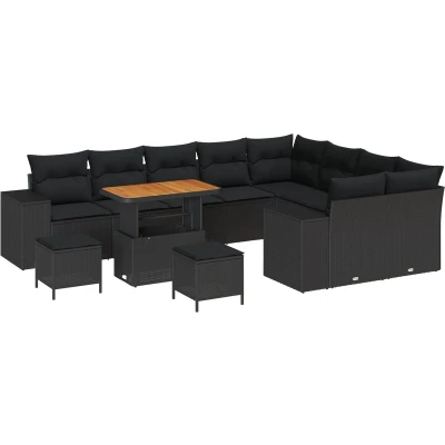 Afbeelding van vidaXL 12 delige tuin sofa set met kussens zwart poly rattan acacia, 3 eettafel acacia