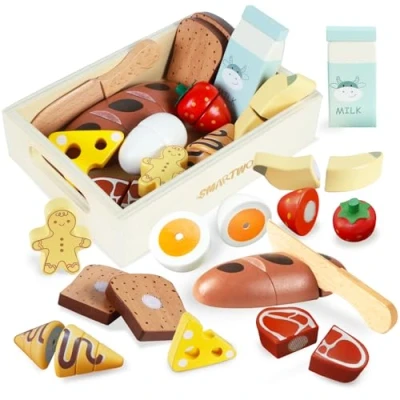 Afbeelding van Smartwo accessoires de cuisine pour enfants en bois, jeu, nourriture à découper, jouets enfants, jeux rôle, cadeau filles et garçons partir