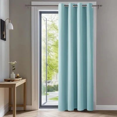 Afbeelding van Deconovo thermisch geïsoleerde verduisterende gordijnen, 140x180 CM (breedte x hoogte), gordijnen voor woonkamer en slaapkamer, modern oogjesontwerp, hemelsblauw, 1delig