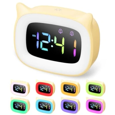 Afbeelding van PERMUST Witte led wekker voor kinderen, nachtwekker, instelbare helderheid, kinderwekker, 18 beltonen, hoogwaardige digitale nachtkastwekker, 4 modi, USB oplaadpoort
