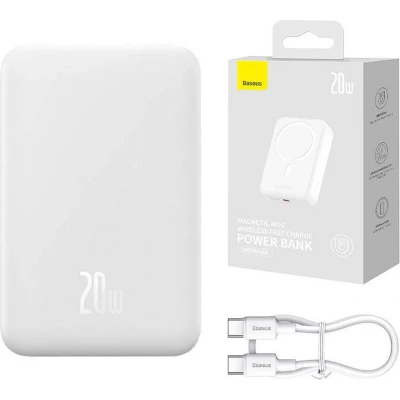 Afbeelding van Baseus 20.000 mAh Powerbank Wit Compact Met MagSafe &amp; Fast Charge 20W USB C Geschikt voor Apple iPhone en andere smartphones