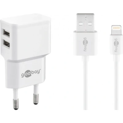 Afbeelding van Goobay Apple Lightning dual oplaadset 2,4 A voeding met 2x USB aansluiting en kabel 1m (wit)