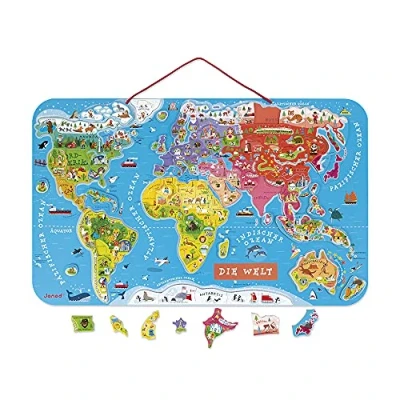 Image de Janod Puzzle Carte du Monde Magnétique en Bois 92 Pièces Aimantées 70 x 43 cm Version Allemande Jeu éducatif dès 7 ans, J05490
