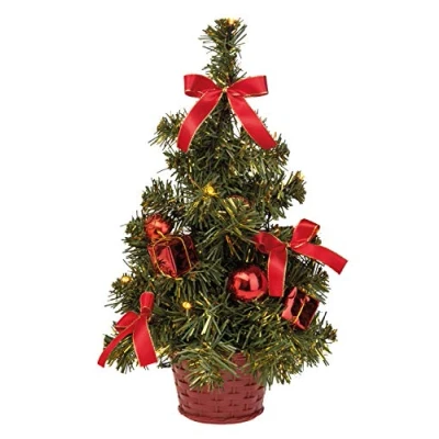 Afbeelding van Idena 8582154 Decoratieve kerstboom met 20 leds in warmwit, ca. 35 cm hoog, rode boomdecoratie pot, 6 uur timer, werkt op batterijen, decoratie voor