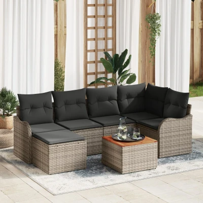 Afbeelding van vidaXL 7 delige tuinset met kussens in grijs poly rattan en acacia