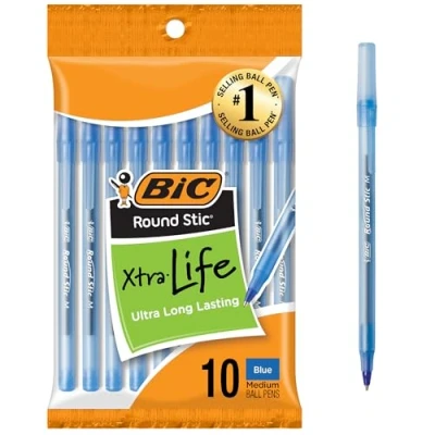 Afbeelding van BIC Ronde Stic Xtra Life Blue Ballpoint Pens, Medium Point (1,0 mm), 10 Count Pack Bulk Flexibele Barrel voor Schrijfcomfort, nr. 1 Selling Pens