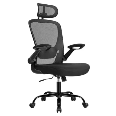 Afbeelding van SONGMICS Ergonomische bureaustoel van canvas, fauteuil, gevoerde lendensteun, kantelmechanisme, 53 cm brede zitting, inklapbare armleuningen, hoofdsteun, inktzwart OBN047B01