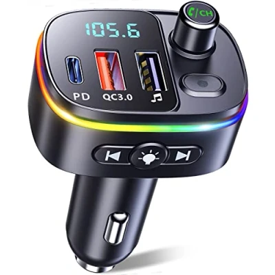 Afbeelding van Mohard FM zender Bluetooth 5.0, QC3.0 &amp; PD 18 W USB C auto met 9 achtergrondverlichting RGB adapter ondersteunt handsfree bellen, assistent Siri Google, stick