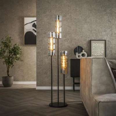 Afbeelding van Hoyz Collection Vloerlamp 3L Getrapt Cylinder Glas Artic Zwart