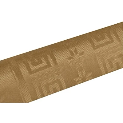 Afbeelding van Pro tafelkleed: 12 damastpapieren wegwerptafelkleden op een rol van 6 m lang en 1,20 breed, gouden metallic kleur. Damastpapier met chic klassiek universeel patroon.