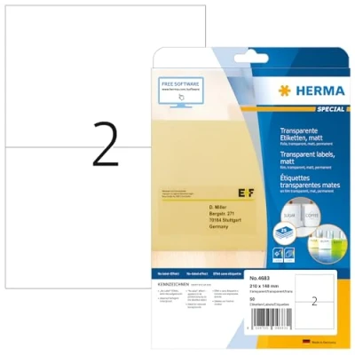 Afbeelding van Herma 4683 kunststof etiketten, A4, 210 x 148 mm, 50 stuks, transparant