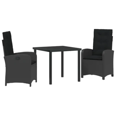 Afbeelding van vidaXL 3 delig Tuin Eettafel Set met Kussens Zwart Poly Rattan