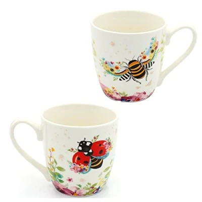 Afbeelding van Dekohelden24 Set van 2 porseleinen koffiekopjes, motief: bij en lieveheersbeestje, afmetingen: 10 x 9 cm, inhoud 400 ml, vaatwasmachinebestendig, meerkleurig