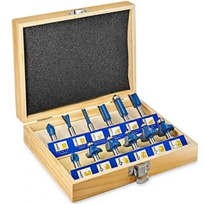 Afbeelding van S&amp;R Freesset HM, schacht 8mm, houten koffer, gesmeed gereedschapsstaal, snij inzetstukken van HM in kistje (set 12 stuks)