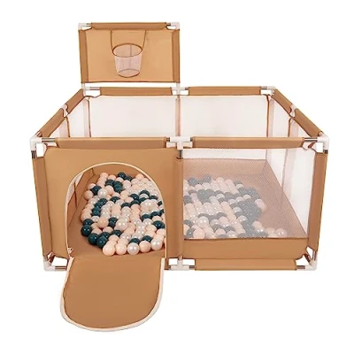 Afbeelding van Selonis Kinderbox met Mand en 200 Ballen, Beige:Donker Turquoise/Pastel Beige/Parel