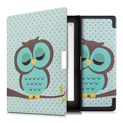 Afbeelding van kwmobile E reader hoesje geschikt voor Kobo Aura Edition 1 hoes flip case met magnetische sluiting Ereader cover Slapende Uil design in turquoise / bruin mintgroen