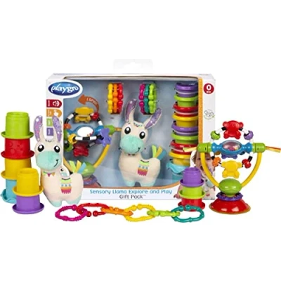 Afbeelding van Playgro Sensoriche Ontdek Geschenkset Kraamkado Lama Knuffel Kinderstoelspeeltje 9 bekers 6 ringen