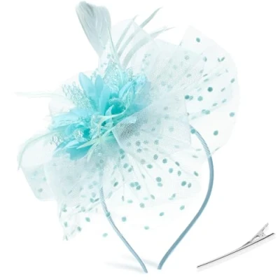 Afbeelding van DRESHOW fascinator hoed veer hoofdband voor vrouwen met clip bloemenhoofdband meisjes en vrouwen, 1 stuk bloem hoed: lichtblauw