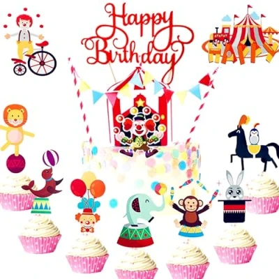 Afbeelding van JeVenis 35 stuks circus verjaardagsdecoraties cake topper cupcake toppers