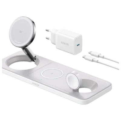 Afbeelding van Anker inklapbaar 3 in 1 draadloos oplaadstation Qi2 gecertificeerd 15 W draadloze oplader voor iPhone series 12, 13, 14 en 15, AirPods Pro, Apple Watch Ultra (inclusief USB C kabel)