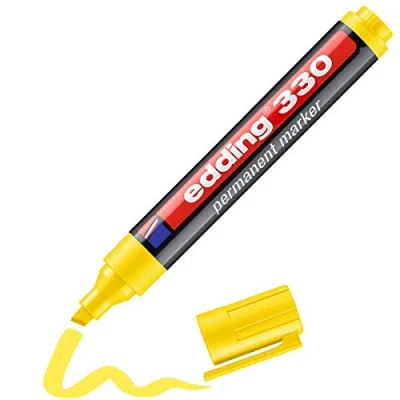 Afbeelding van edding 330 permanente markers, geel, 1 stift, wigpunt 5 mm, sneldrogend, water en slijtvast, voor karton, kunststof, hout, metaal, glas