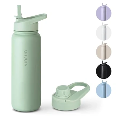 Afbeelding van Vinsun Drinkfles van roestvrij staal, paars, 750 ml, rietje, drinkopening, lekvrij, geschikt voor koolzuurhoudende dranken, BPA vrij, thermosfles sport, outdoor, school,