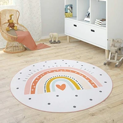 Afbeelding van Paco Home Kindervloerkleed Kinderkamer Meisjes Jongens Ster Maan Olifant Regenboog Ø 80 cm Rund