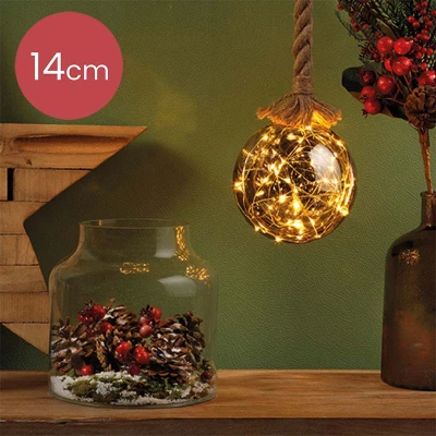 Afbeelding van Kerstbal met jute touw en 30 LED lampjes 14cm Rook grijs