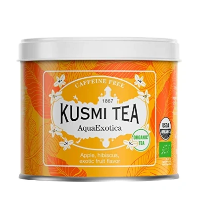 Image de Kusmi Tea AquaExotica Infusion Bio Mélange d&#039;Hibiscus et Pomme Aromatisé Fruits Exotiques sans Théine À Déguster Chaud ou en Thé Glacé Boîte Métal 100g pour environ 50 Tasses
