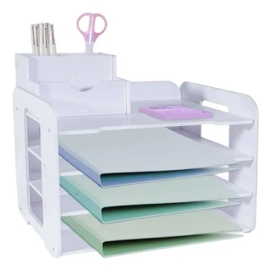 Afbeelding van HMXLJJY 4 laags brievenbak, A4 papierbak, kantoorlade, bureau organizer met stapelbare archiefvakken, papierorganizer pennenhouder (wit)