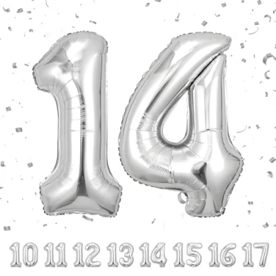 Afbeelding van Verjaardagsballonnen 14, zilverkleurig, 100 cm, ballon cijfer nummer Happy Birthday decoratie, ballonnen, verjaardagsfeest, jaren vliegen dankzij helium 14
