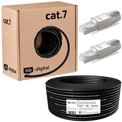 Afbeelding van hb digital Cat 7 installatiekabel 50 m zwart AWG23/1 PE S/FTP dubbel afgeschermd PIMF zuiver koper 1000 MHz 10 Gbits netwerkinstallatie Ethernet voor buiten 2x Cat.7 netwerkstekker