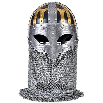 Afbeelding van Battle Merchant Vikinghelm met ketting, middeleeuwse helm verstelbare leren inleg en kinbescherming, van echt staal voor volwassenen