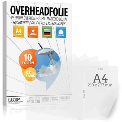 Afbeelding van 10 vellen PEMIUM overheadprojectorfolie DIN A4 transparant Voor laserprinters, kopieerapparaten Extra dikke OHP folie Hoogwaardige print en projectie Made in Germany