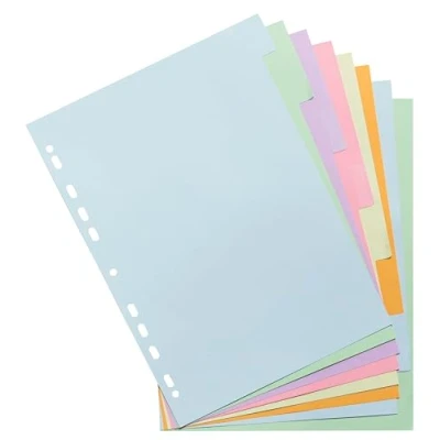 Afbeelding van Exacompta Réf. 1608E Carton de 30 Intercalaires en carte pastel 170g/m2 Forever avec 8 onglets neutres format à classer A4 dimensions 22,5 x 29,7 cm couleurs assorties pastels