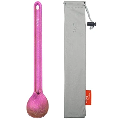 Afbeelding van TiTo Titanium Milieuvriendelijke ultralichte lepel en vork met lange steel voor kamperen, wandelen, reizen, picknick tas (roze lepel)