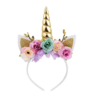 Afbeelding van Nishine Eenhoorn bloemen hoofd met glanzende oren pony tiara meisje verjaardagsfeestje papier (goud en turquoise)