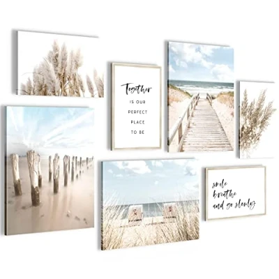 Afbeelding van Schilderijen Set KLAAR OM OP TE HANGEN Foto Muur Strand Zee Boho 7 Delen N007871a