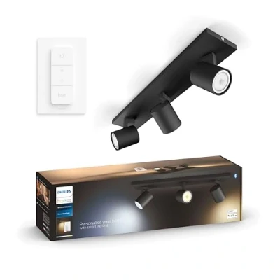 Afbeelding van Philips Hue Runner opbouwspot warm tot koelwit licht 3 spots zwart 1 dimmer switch