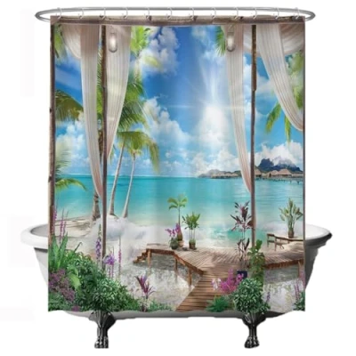Afbeelding van Ulticool Douchegordijn Doorkijk Strand Zee Natuur 180 x 200 cm met 12 ringen Blauw Wit Groen