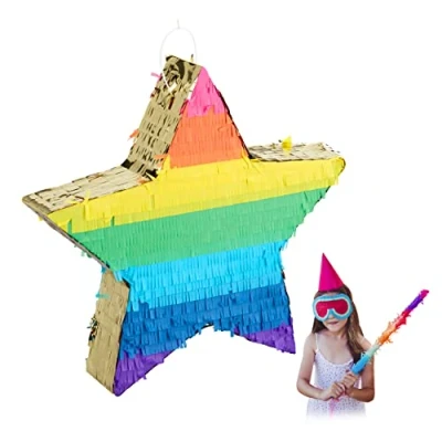 Afbeelding van Relaxdays Pinata ster, om te vullen, kinderen en volwassenen, regenboog, op hangen, voor feestjes, meerkleurig goud, 10031478