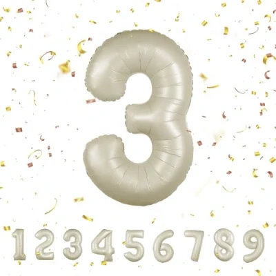 Afbeelding van Verjaardagsballon nummer 3, beige, 101 cm, grote folie, decoratie voor verjaardagsfeest, ballon, vliegen met helium