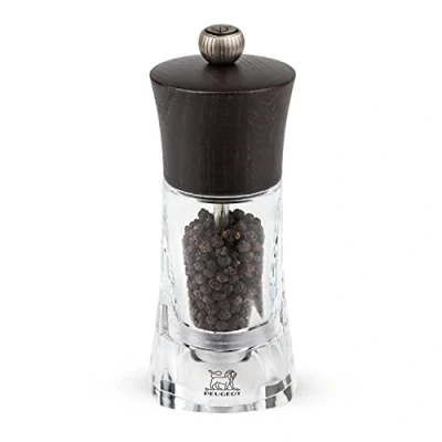 Image de PEUGEOT Moulin à Poivre Oléron 14 cm Réglage Classique En Bois Labellisé PEFC Et Acryl Fabrication Française Coloris Chocolat Transparent