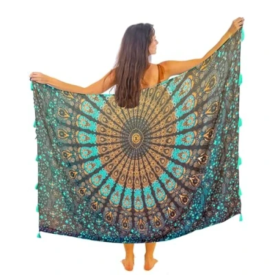Afbeelding van Blauwe strandjurk voor dames, boho, chic, cover up, sarong, wandtapijt, Zwarte bamboe, Eén maat